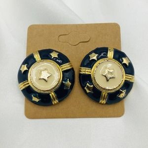 Bulky Nautical Clip On Earrings Gold Blue
